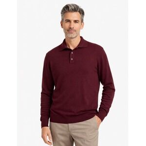 Marks & Spencer M&S Mens Burgundy Red Cotton Rich Long Sleeve Polo Sweater M
